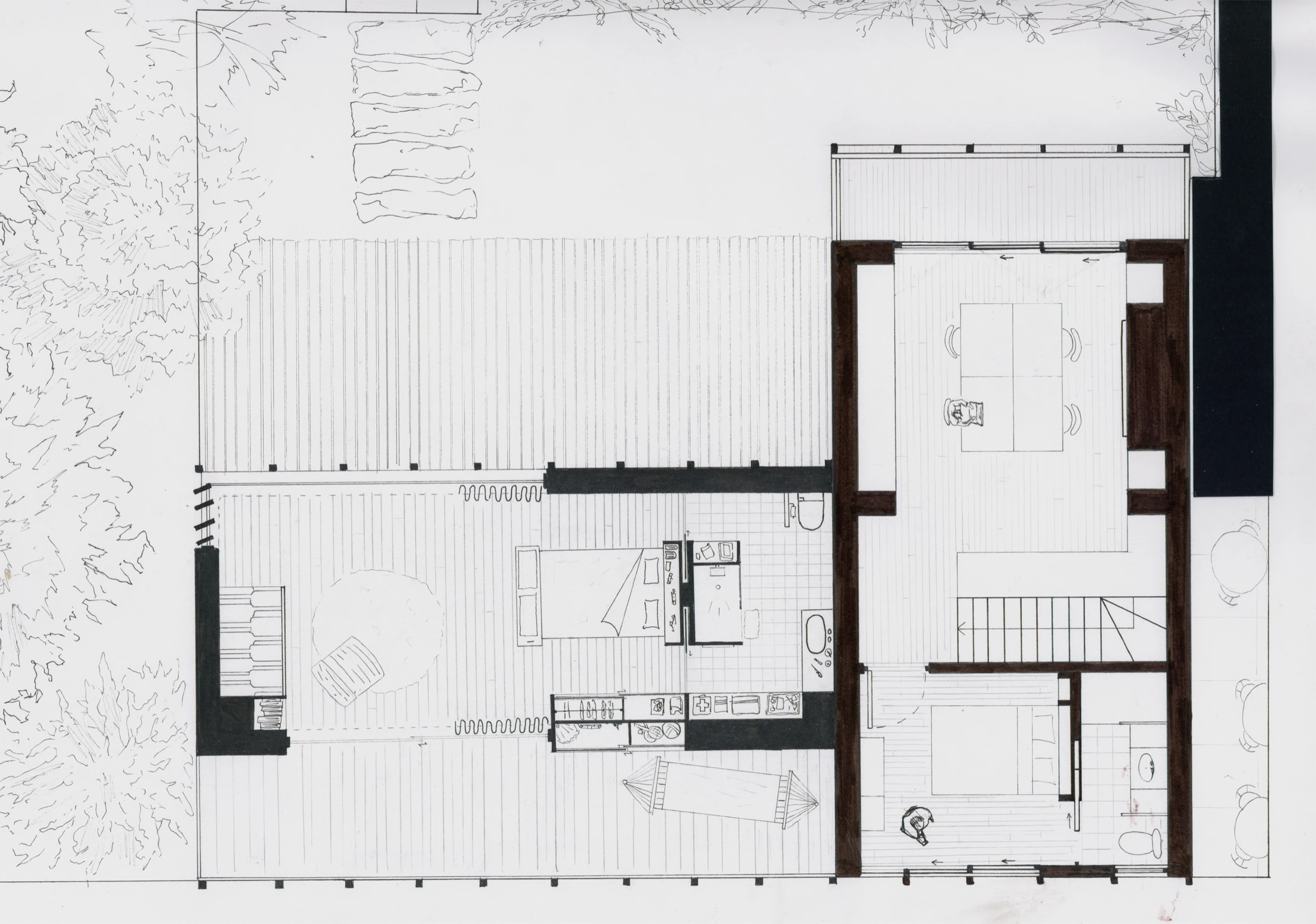 La Croisée — plan, mobilier et escaliers
